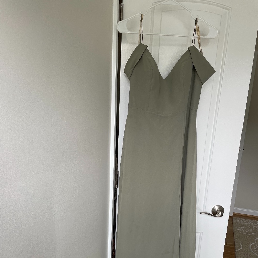 Jenny Yoo Olive Green Off-Shoulder bridesmaid sage eucalyptus Dress